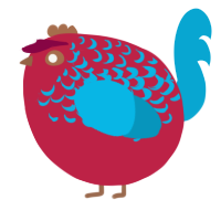 A crimson and cerulean chicken with a half-lace pattern