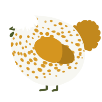 A white and ochre chicken with a speckle pattern