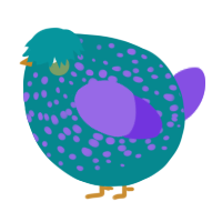A teal and blurple chicken with a speckle pattern