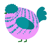 A lavender and teal chicken with a bar pattern