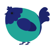 A turquoise and navy chicken with a head pattern