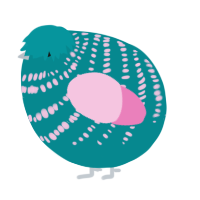 A teal and pink chicken with a bar pattern