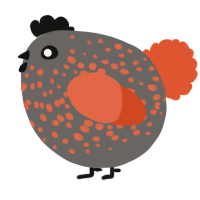 A grey and vermilion chicken with a speckle pattern
