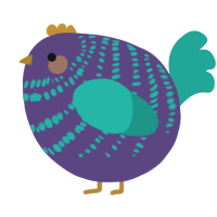 A overcast and turquoise chicken with a bar pattern