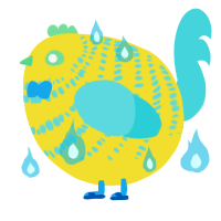 A yellow and aqua chicken with a bar pattern
