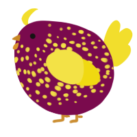 A wine and yellow chicken with a speckle pattern