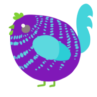 A violet and aqua chicken with a bar pattern