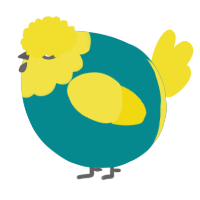 A teal and yellow chicken with a head pattern