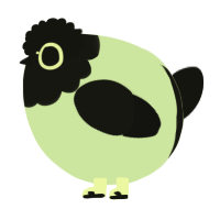 A gluppy and black chicken with a head pattern