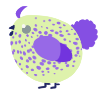 A apple and blurple chicken with a speckle pattern