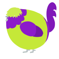 A lime and violet chicken with a head pattern
