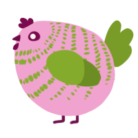 A pink and chartreuse chicken with a bar pattern