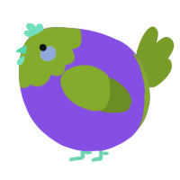 A blurple and chartreuse chicken with a head pattern