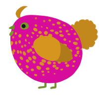 A fuchsia and ochre chicken with a speckle pattern