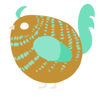 A gold and mint chicken with a bar pattern