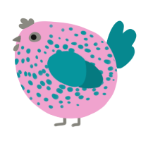 A pink and teal chicken with a speckle pattern