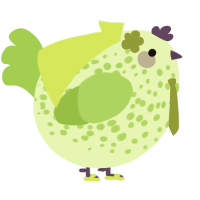 A apple and grass chicken with a speckle pattern