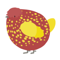 A red and yellow chicken with a speckle pattern
