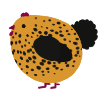 A orange and black chicken with a speckle pattern