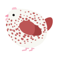 A white and red chicken with a speckle pattern