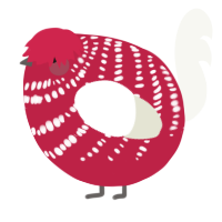 A crimson and white chicken with a bar pattern