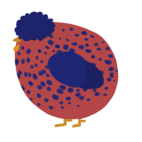 A red and navy chicken with a speckle pattern
