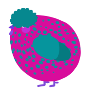 A fuchsia and teal chicken with a speckle pattern