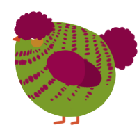 A chartreuse and maroon chicken with a bar pattern