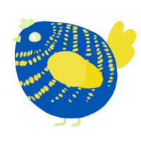 A ultramarine and yellow chicken with a bar pattern