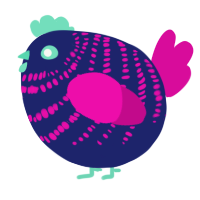 A navy and fuchsia chicken with a bar pattern