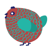 A red and turquoise chicken with a lace pattern