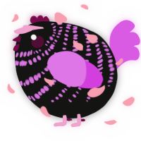 A black and orchid chicken with a bar pattern
