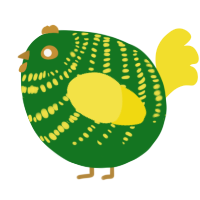 A leaf and yellow chicken with a bar pattern