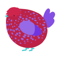 A crimson and blurple chicken with a speckle pattern