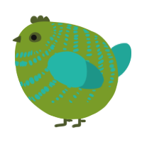 A chartreuse and turquoise chicken with a bar pattern