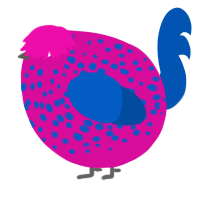 A fuchsia and ultramarine chicken with a speckle pattern