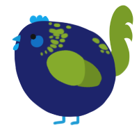 A navy and chartreuse chicken with a neck-speckle pattern