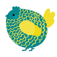 A teal and yellow chicken with a lace pattern