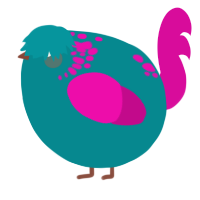 A teal and fuchsia chicken with a neck-speckle pattern