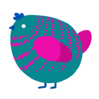 A teal and fuchsia chicken with a bar pattern