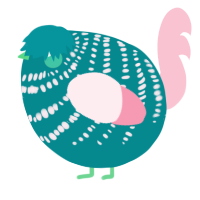 A teal and rose chicken with a bar pattern