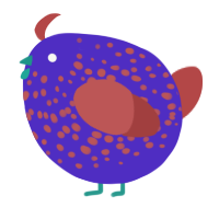 A indigo and red chicken with a speckle pattern