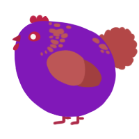 A violet and red chicken with a neck-speckle pattern