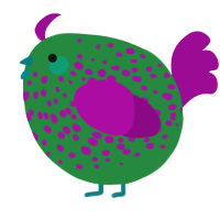 A viridian and plum chicken with a speckle pattern
