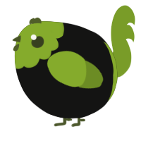 A black and chartreuse chicken with a head pattern