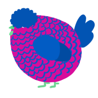 A fuchsia and ultramarine chicken with a lace pattern