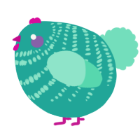 A turquoise and mint chicken with a bar pattern