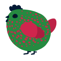 A viridian and crimson chicken with a speckle pattern