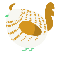 A white and ochre chicken with a bar pattern