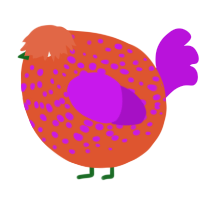 A vermilion and amethyst chicken with a speckle pattern